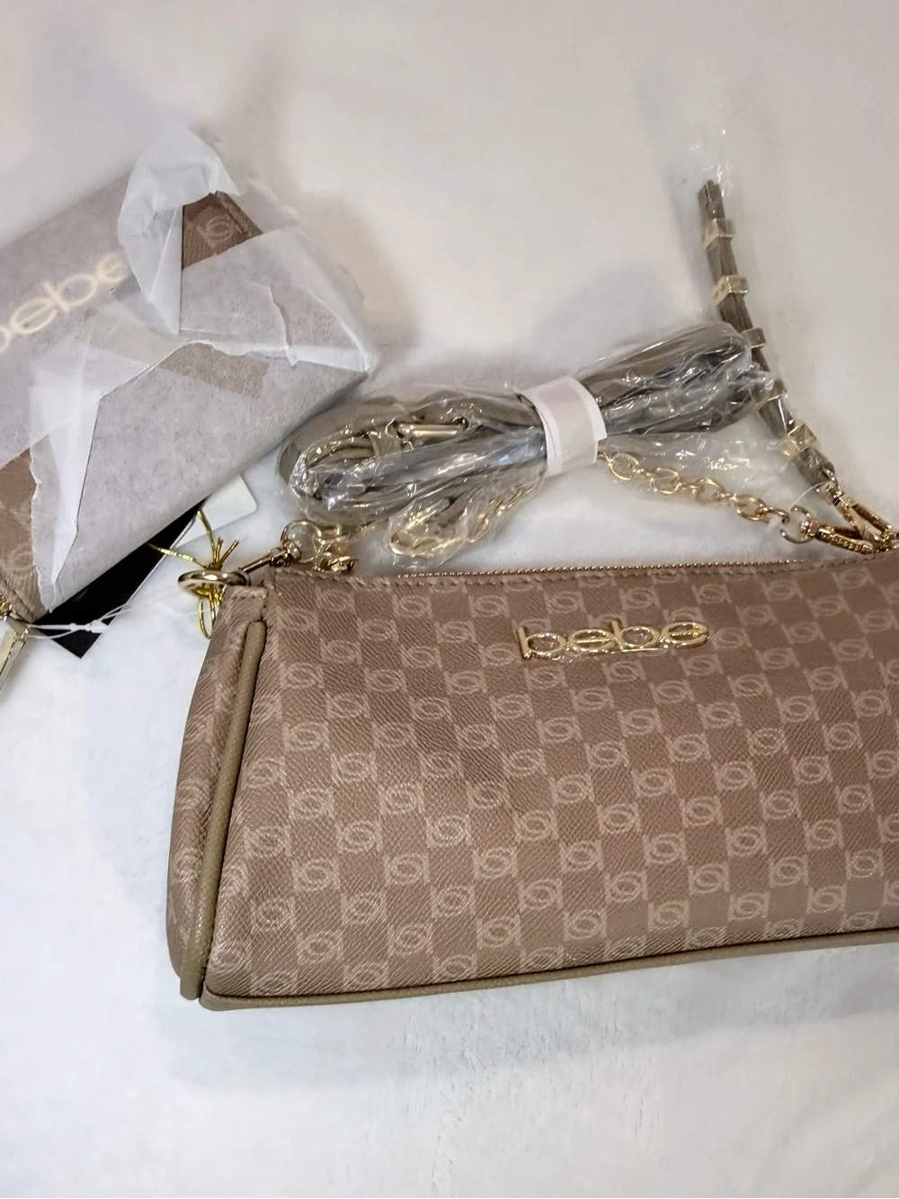 bebe Taupe Logo Crossbody Bag with Gold Hardware